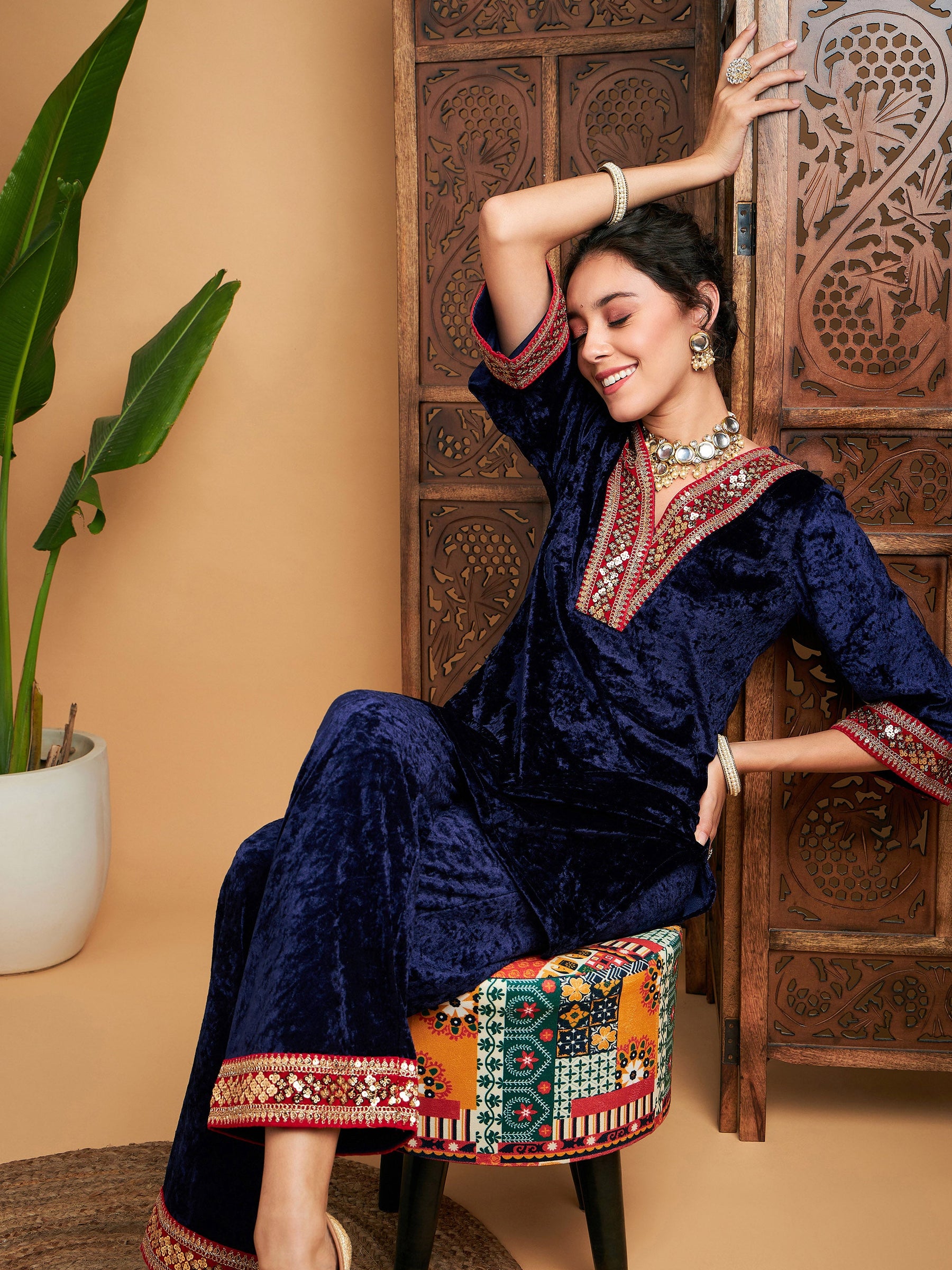 Navy Velvet Embroidered Short Kurta With Pants-Shae by SASSAFRAS