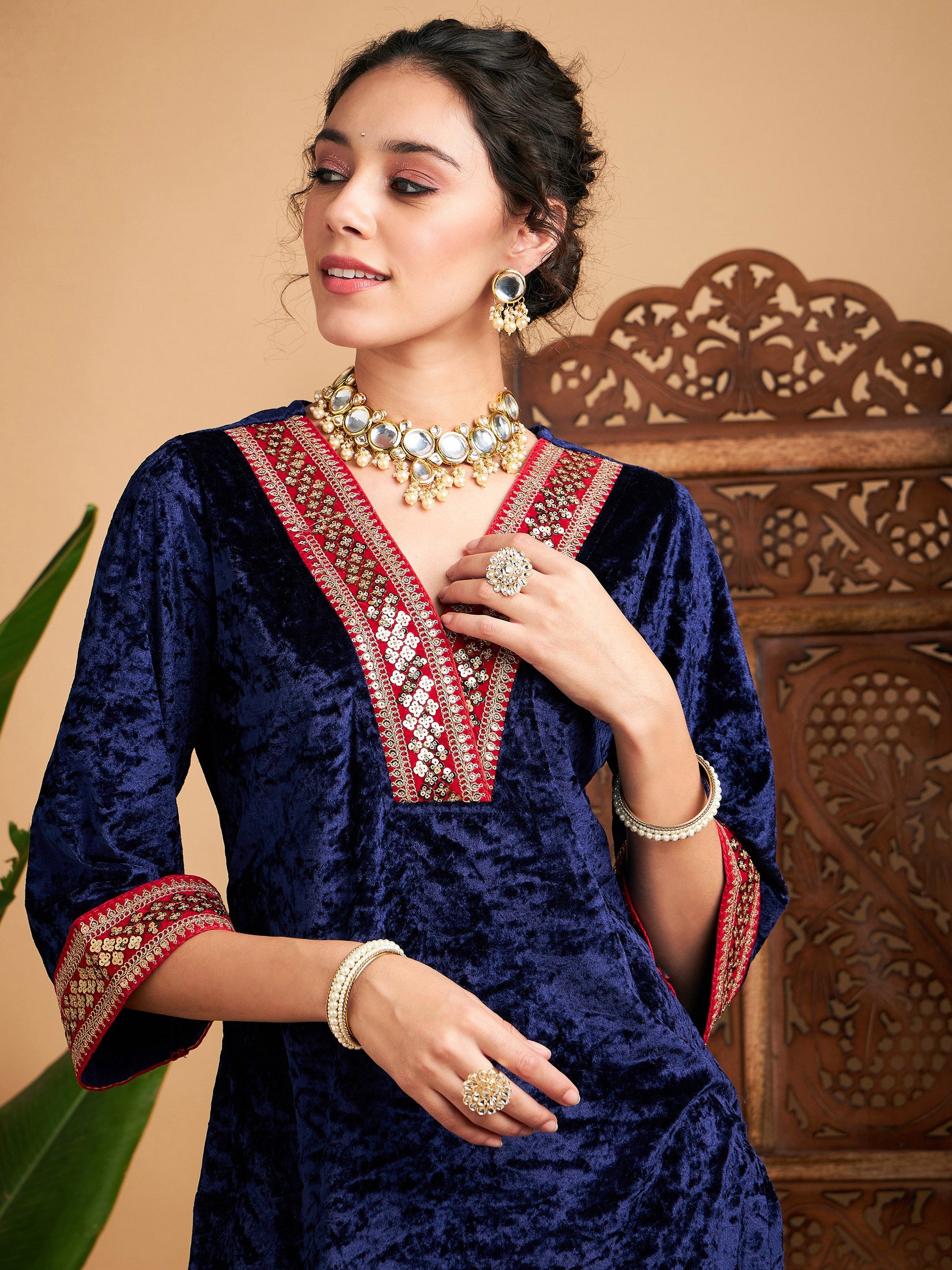 Navy Velvet Embroidered Short Kurta With Pants-Shae by SASSAFRAS