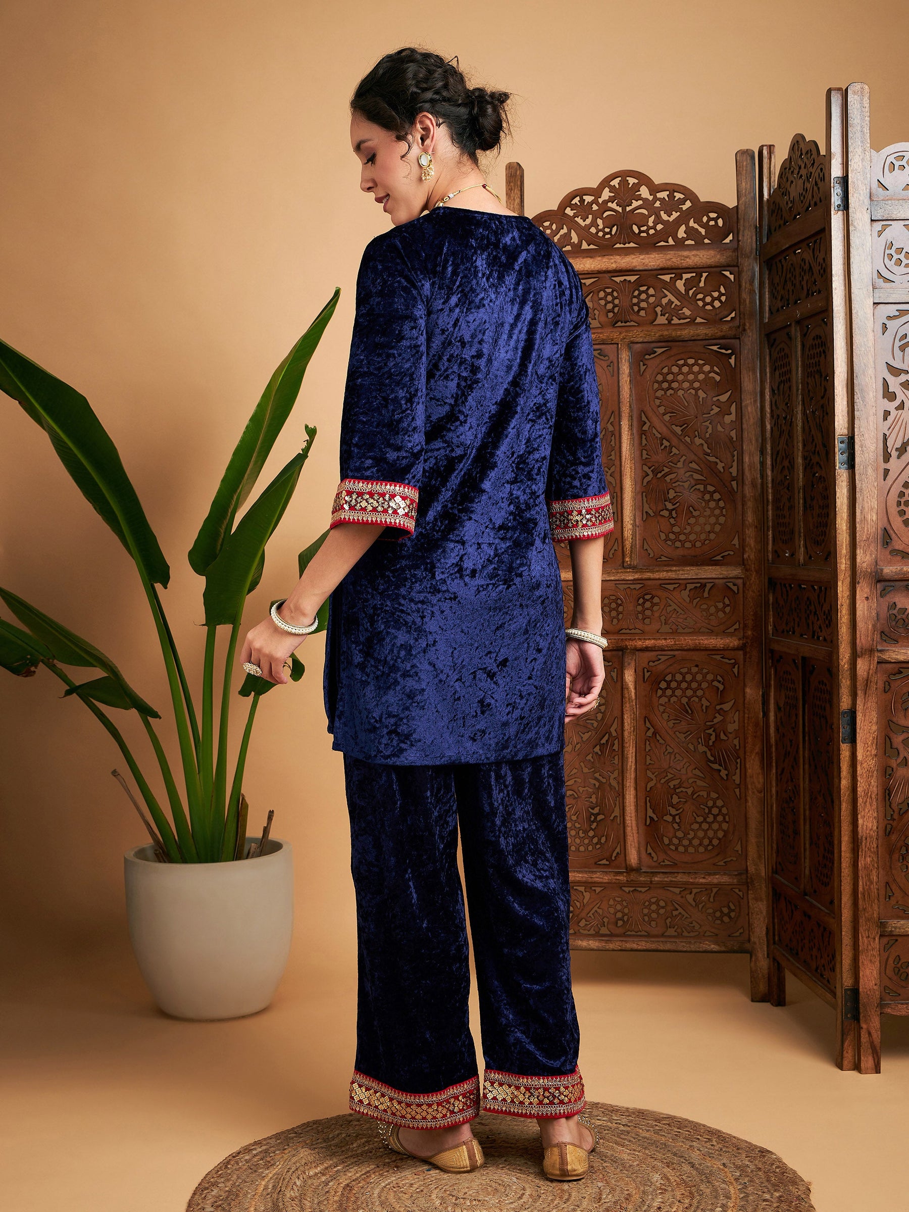 Navy Velvet Embroidered Short Kurta With Pants-Shae by SASSAFRAS