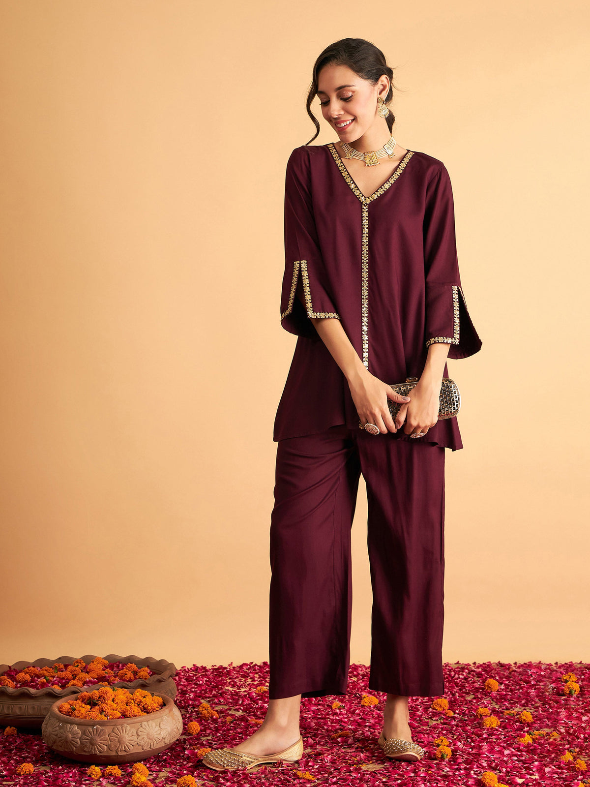 Burgundy Embroidered A Line Top With Straight Pants-Shae by SASSAFRAS
