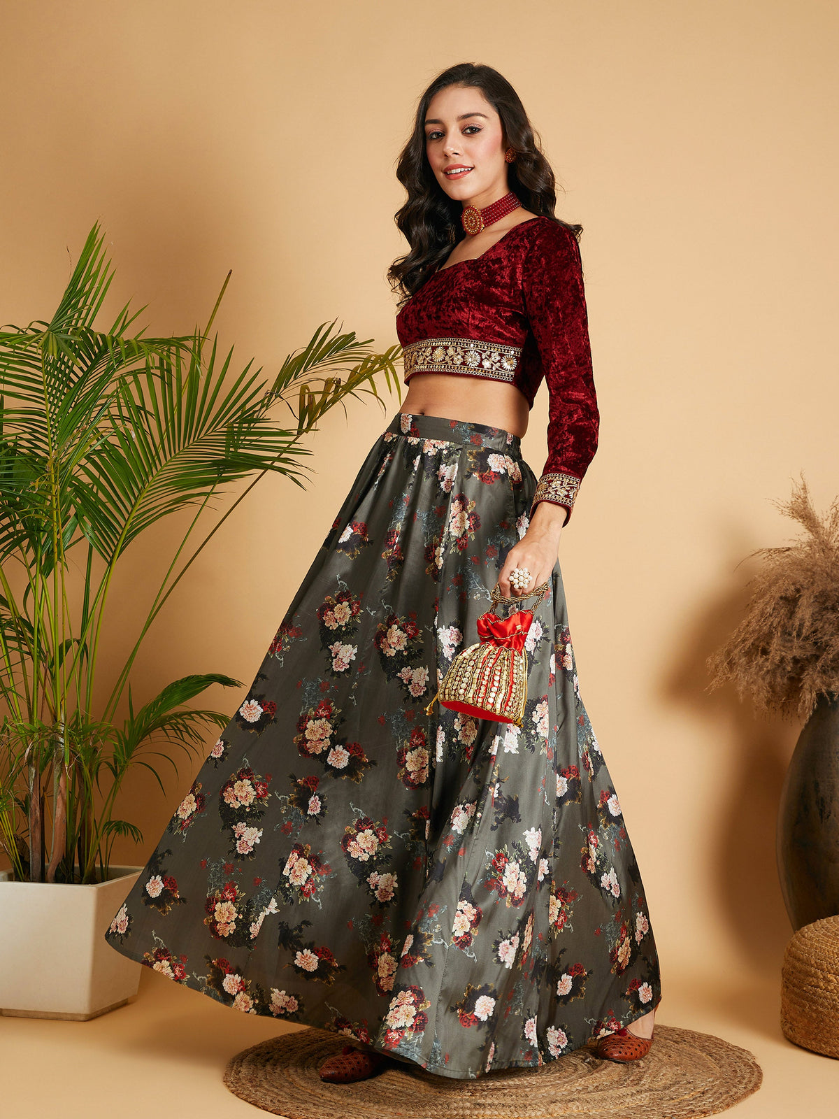 Olive Floral Skirt With Maroon Velvet Full Sleeves Crop Top-Shae by SASSAFRAS