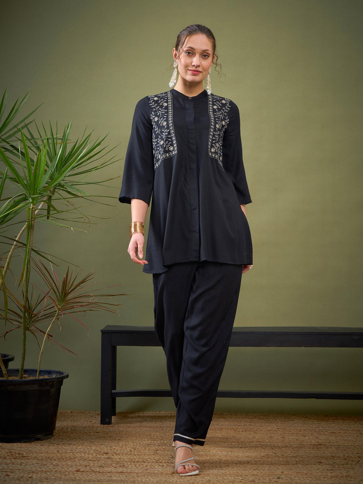 Black Yoke Embroidered Shirt With Palazzos-Shae by SASSAFRAS