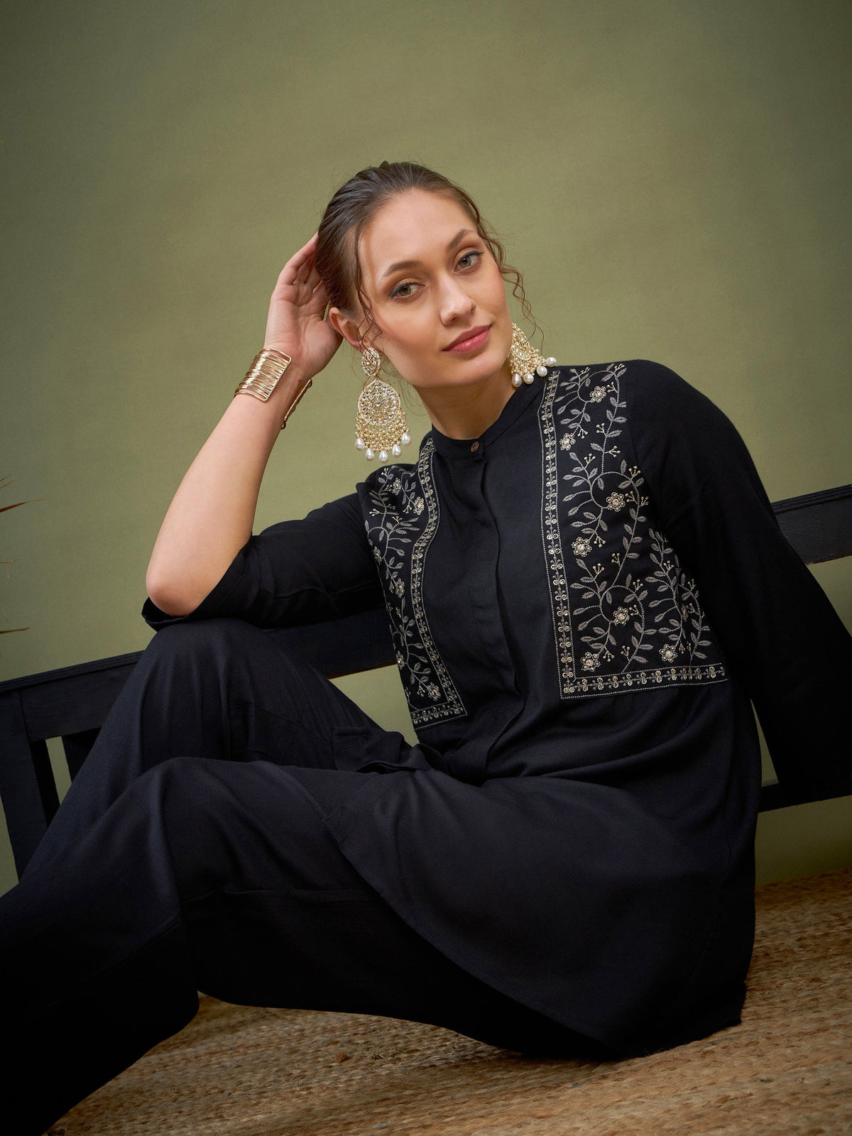 Black Yoke Embroidered Shirt With Palazzos-Shae by SASSAFRAS