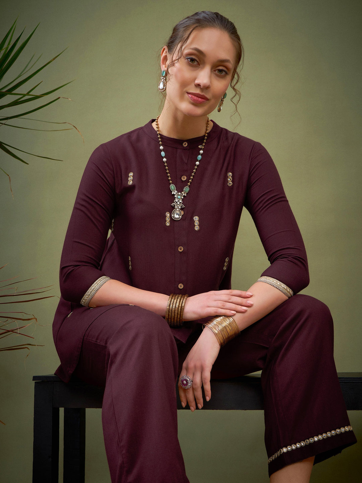 Burgundy Rayon Mirror Embroidered Shirt With Palazzos-Shae by SASSAFRAS