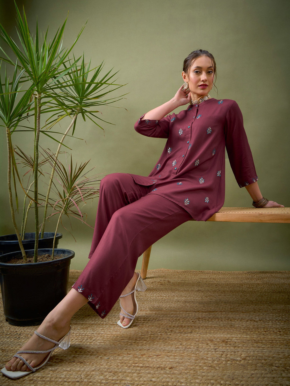 Pink All Over Embroidered Shirt With Palazzos-Shae by SASSAFRAS
