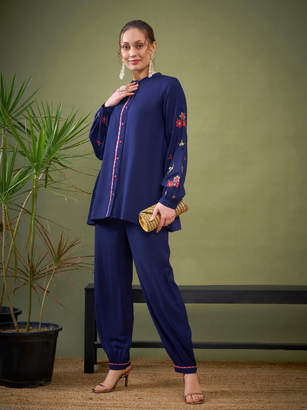 Royal Blue Sleeve Embroidered Shirt With Cuff Pants-Shae by SASSAFRAS