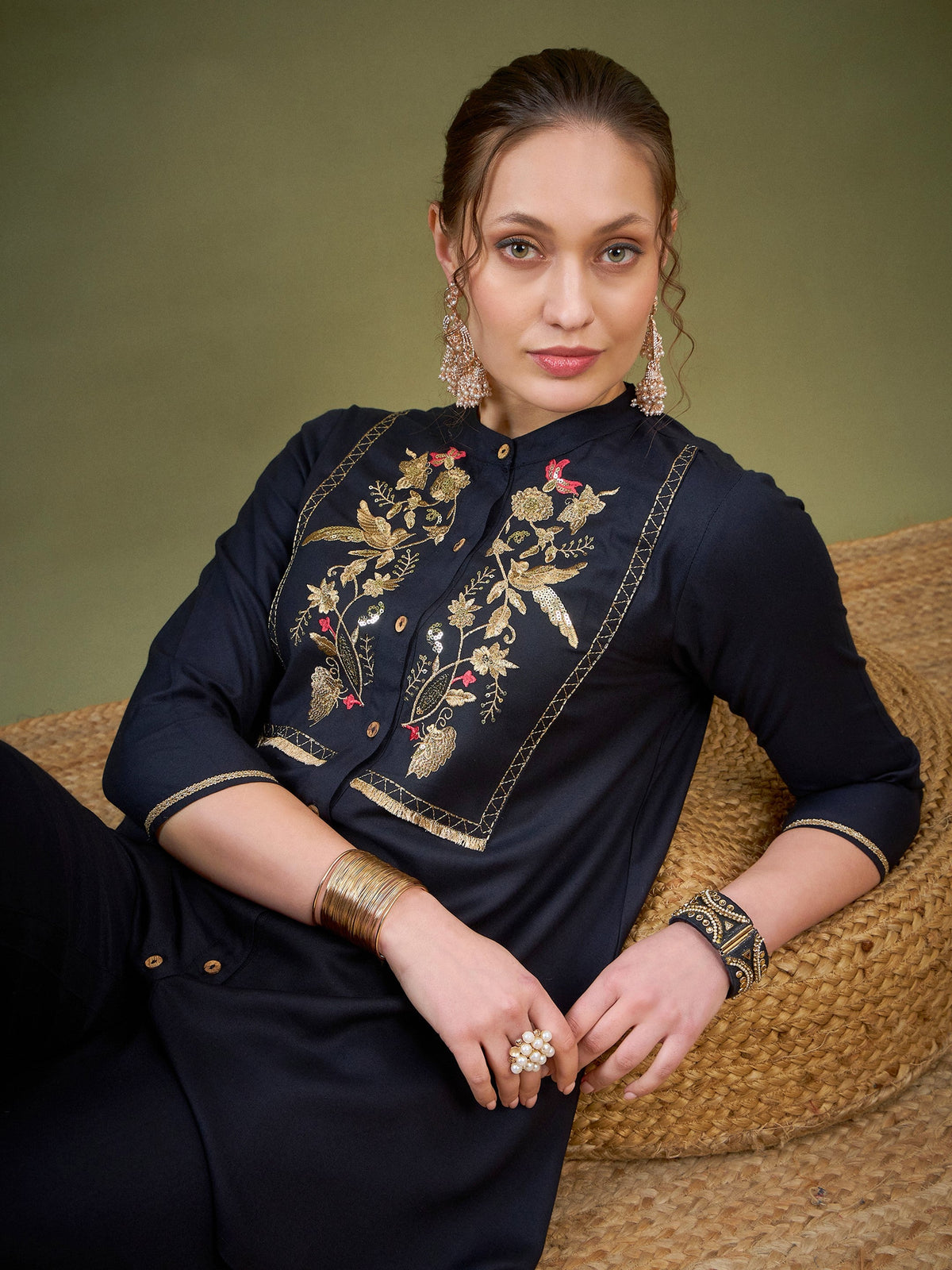 Black Front Yoke Embroidered Shirt With Palazzos-Shae by SASSAFRAS