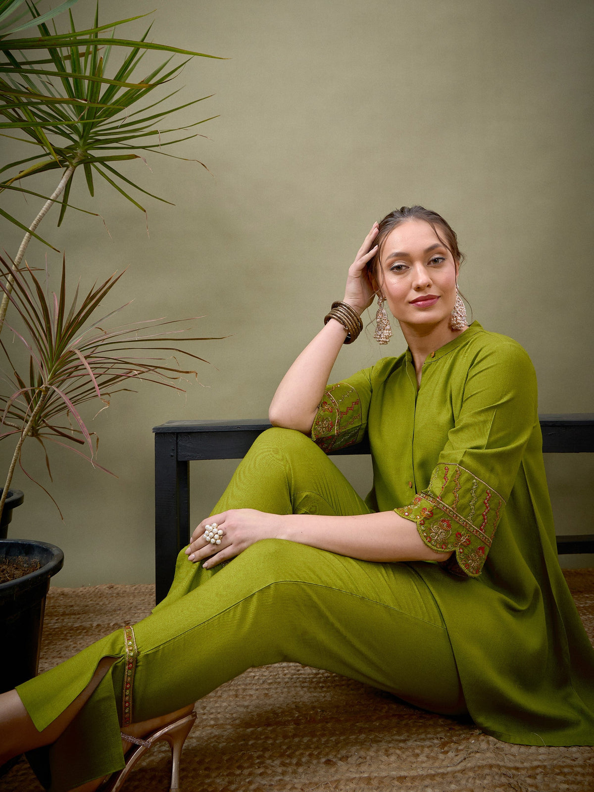 Green Sleeves Embroidered Shirt With Palazzos-Shae by SASSAFRAS