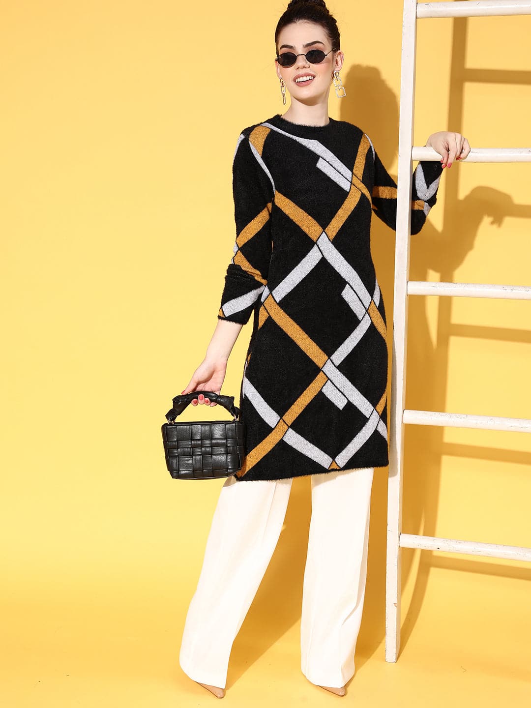 Black & Mustard Check Hair Wool Long Sweater-Shae by SASSAFRAS