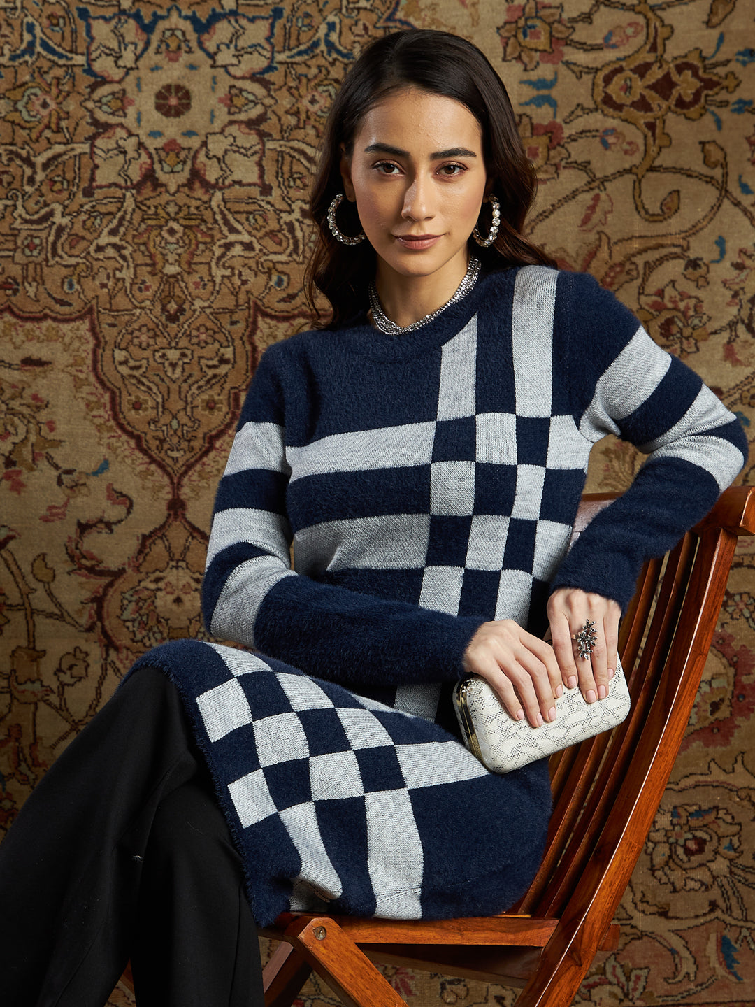 Navy & Grey Check Hair Wool Straight Kurta-Shae by SASSAFRAS