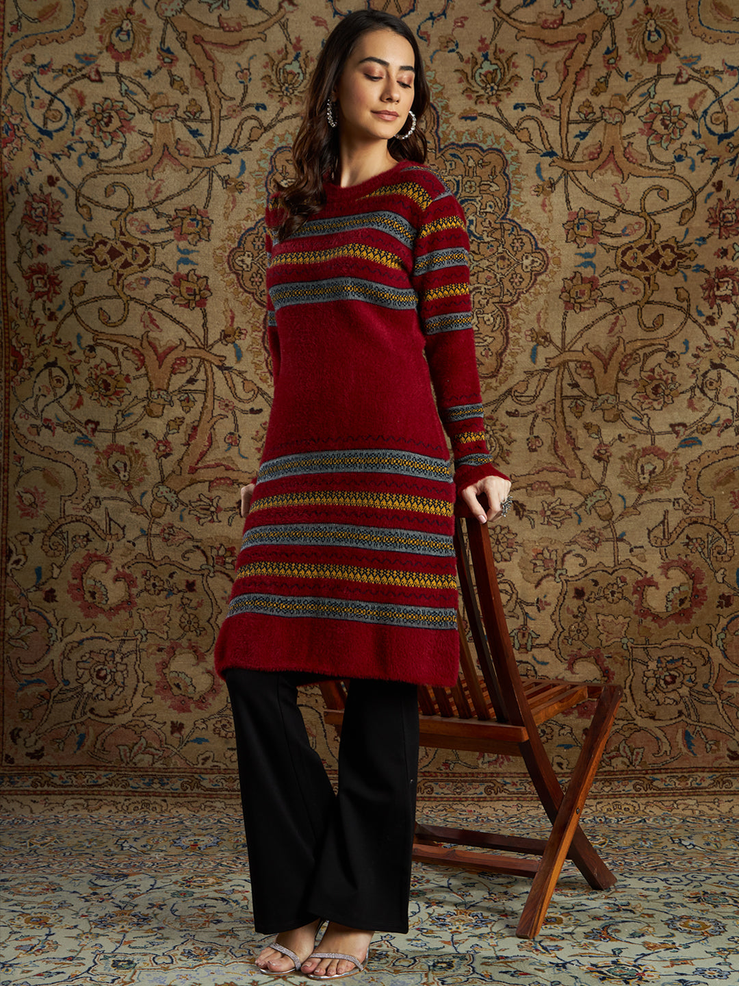 Maroon & Mustard Stripe Hair Wool Straight Kurta -Shae by SASSAFRAS