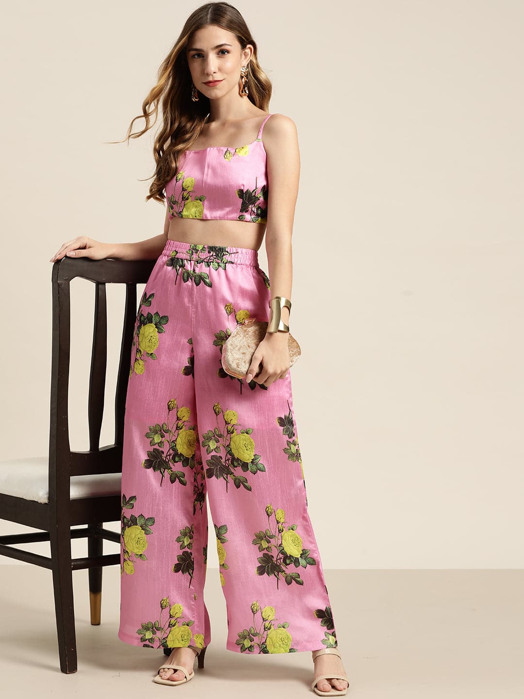 Pink Floral Polysilk Palazzo Pants