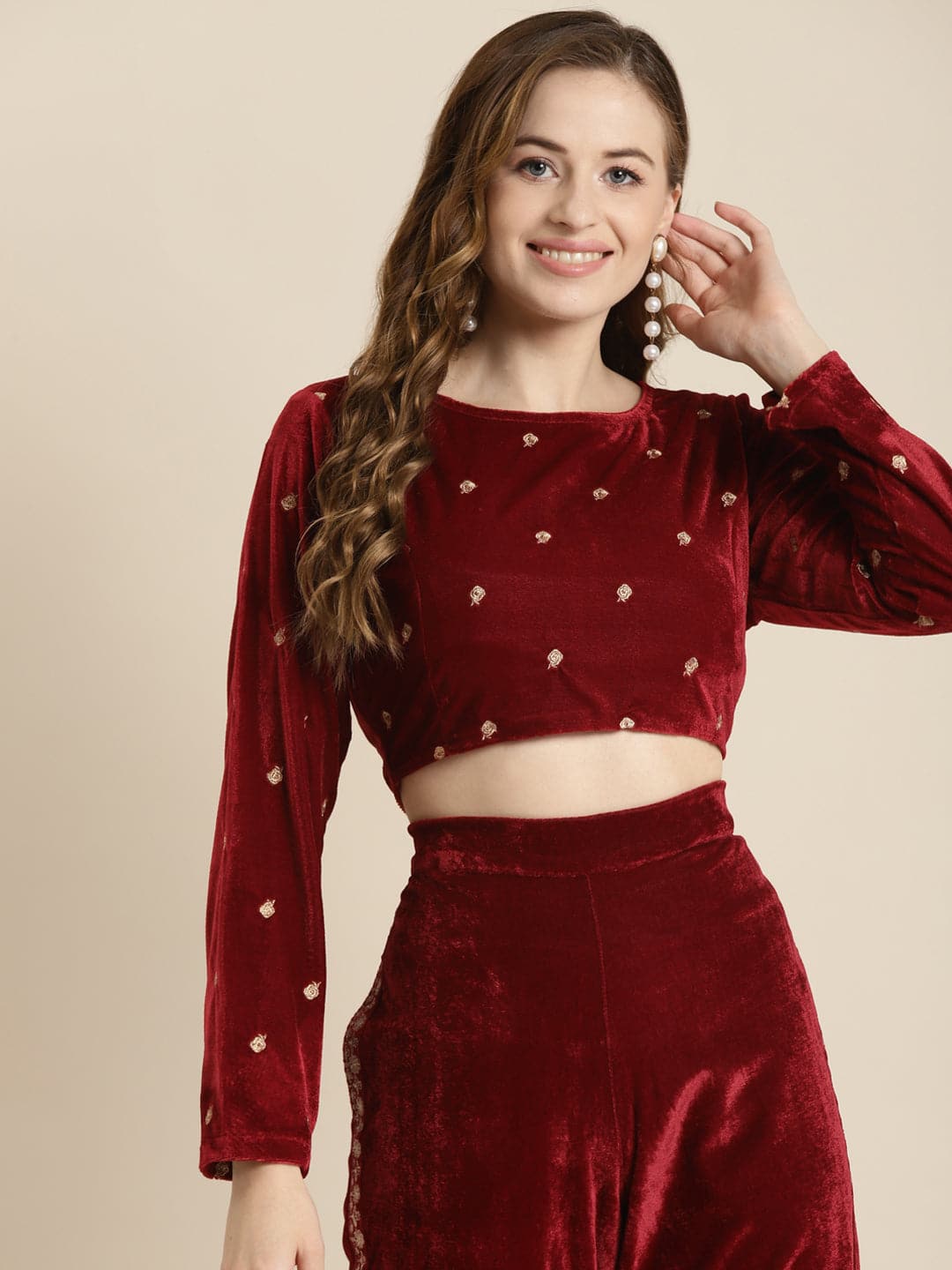 Maroon Full Sleeve Embroidered Velvet Crop Top1