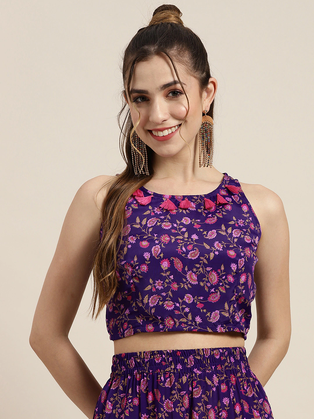 Women Purple Floral Sleeveless Crop Top-Tops-SASSAFRAS