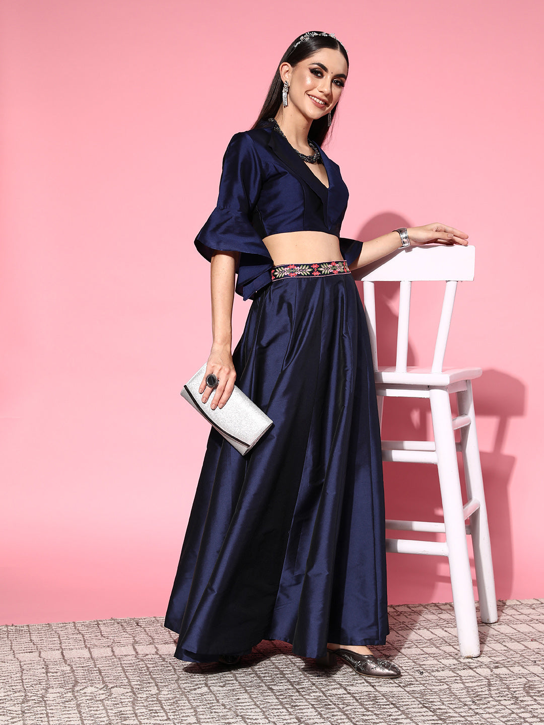Women Navy Notch Collar Crop Top