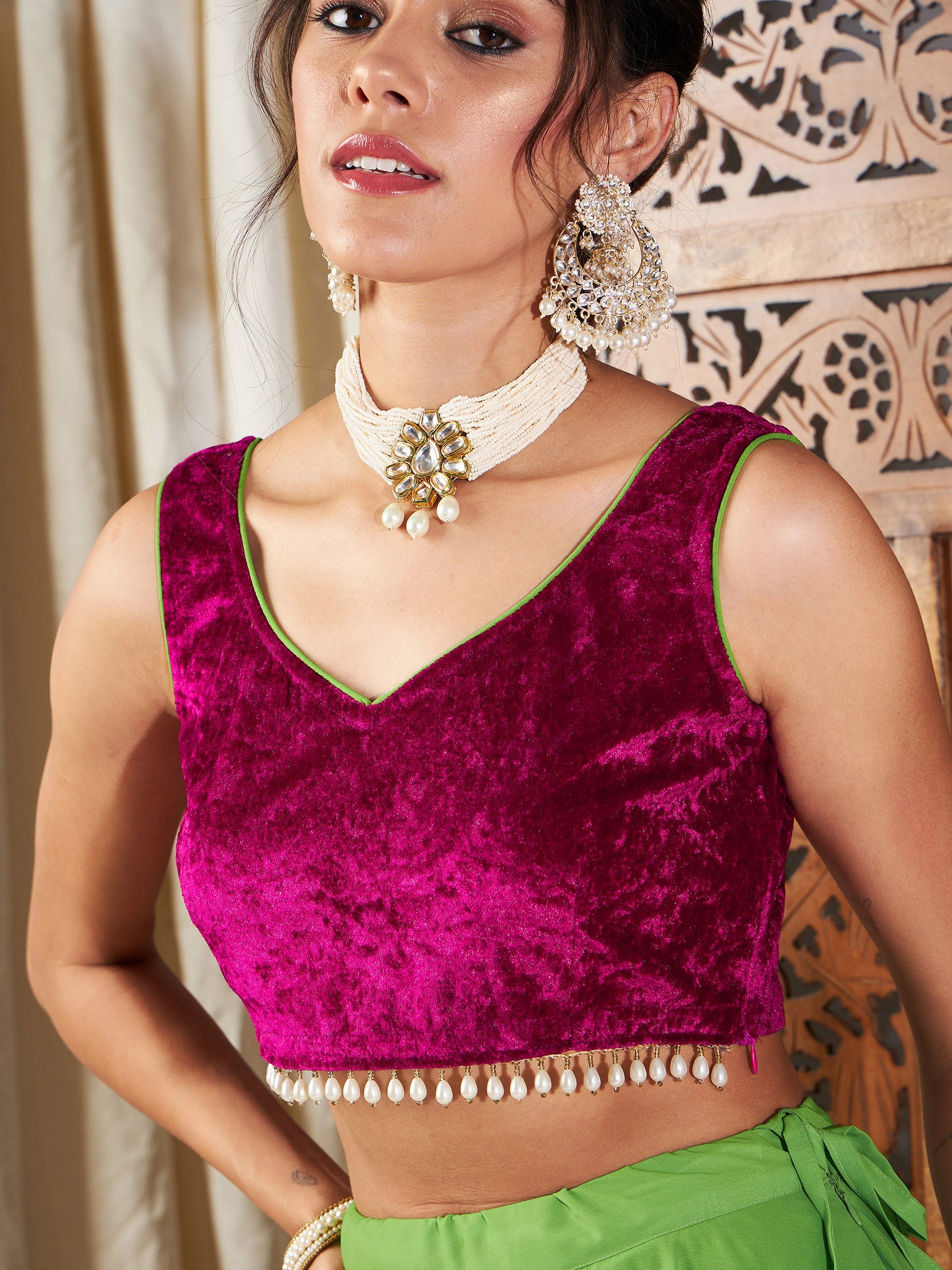 Fuchsia Velvet Sleeveless Crop Top-Shae by SASSAFRAS