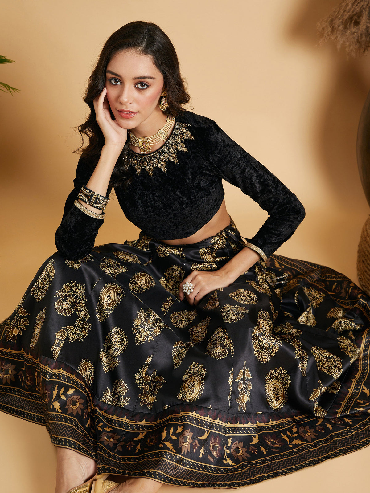 Black Velvet Embroidered Full Sleeves Crop Top-Shae by SASSAFRAS