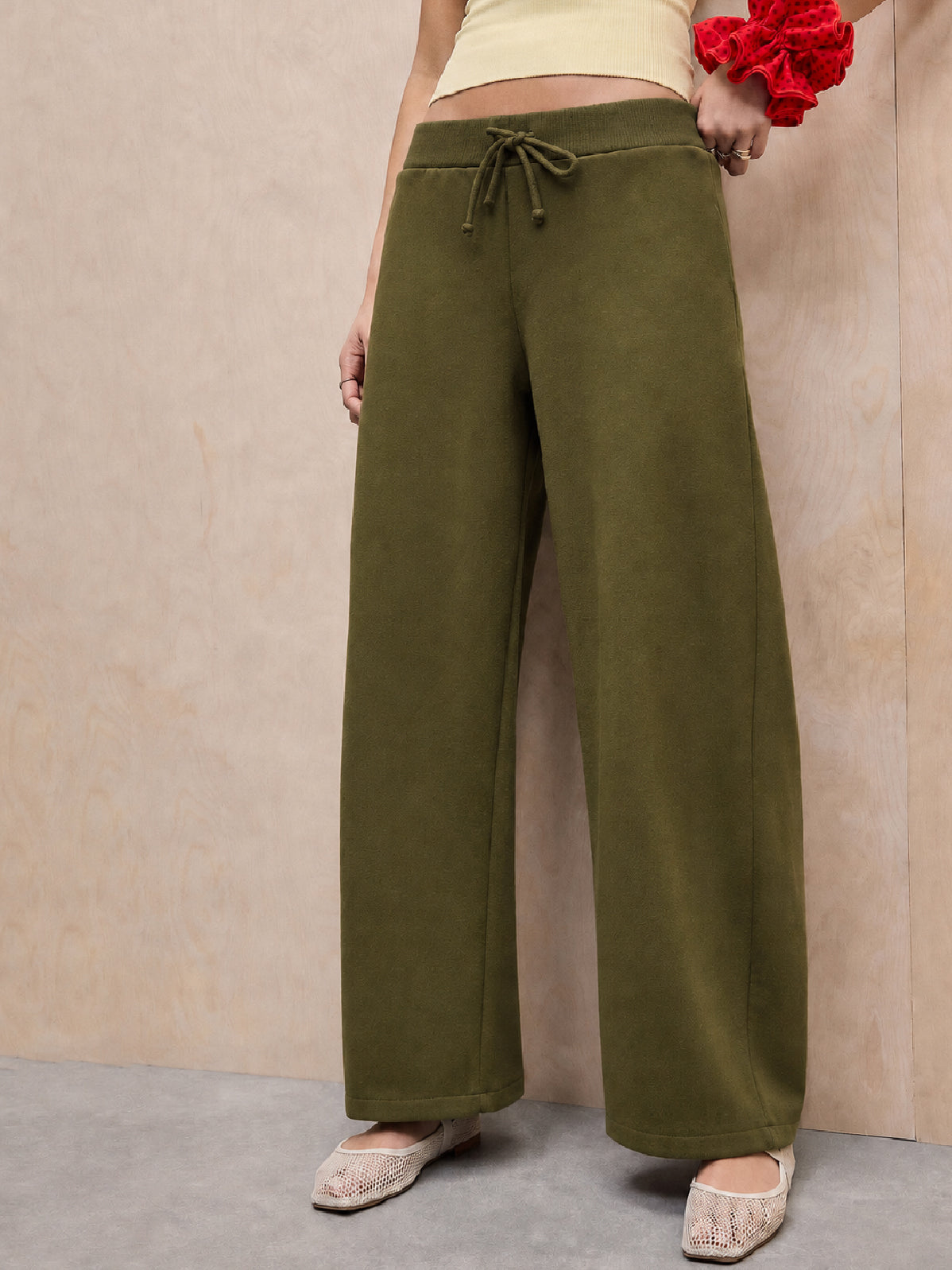 Olive Terry Drawstring Wide Leg Pants