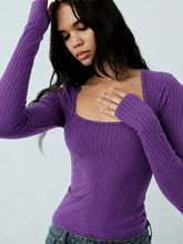 Women Purple Rib Square Neck Full Sleeves Top