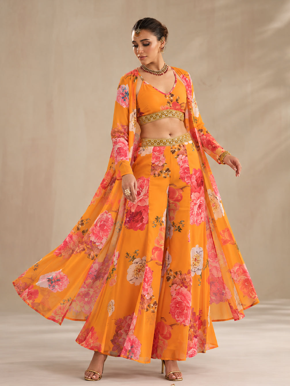 Women Yellow Floral Crop Top With Pants & Shrug