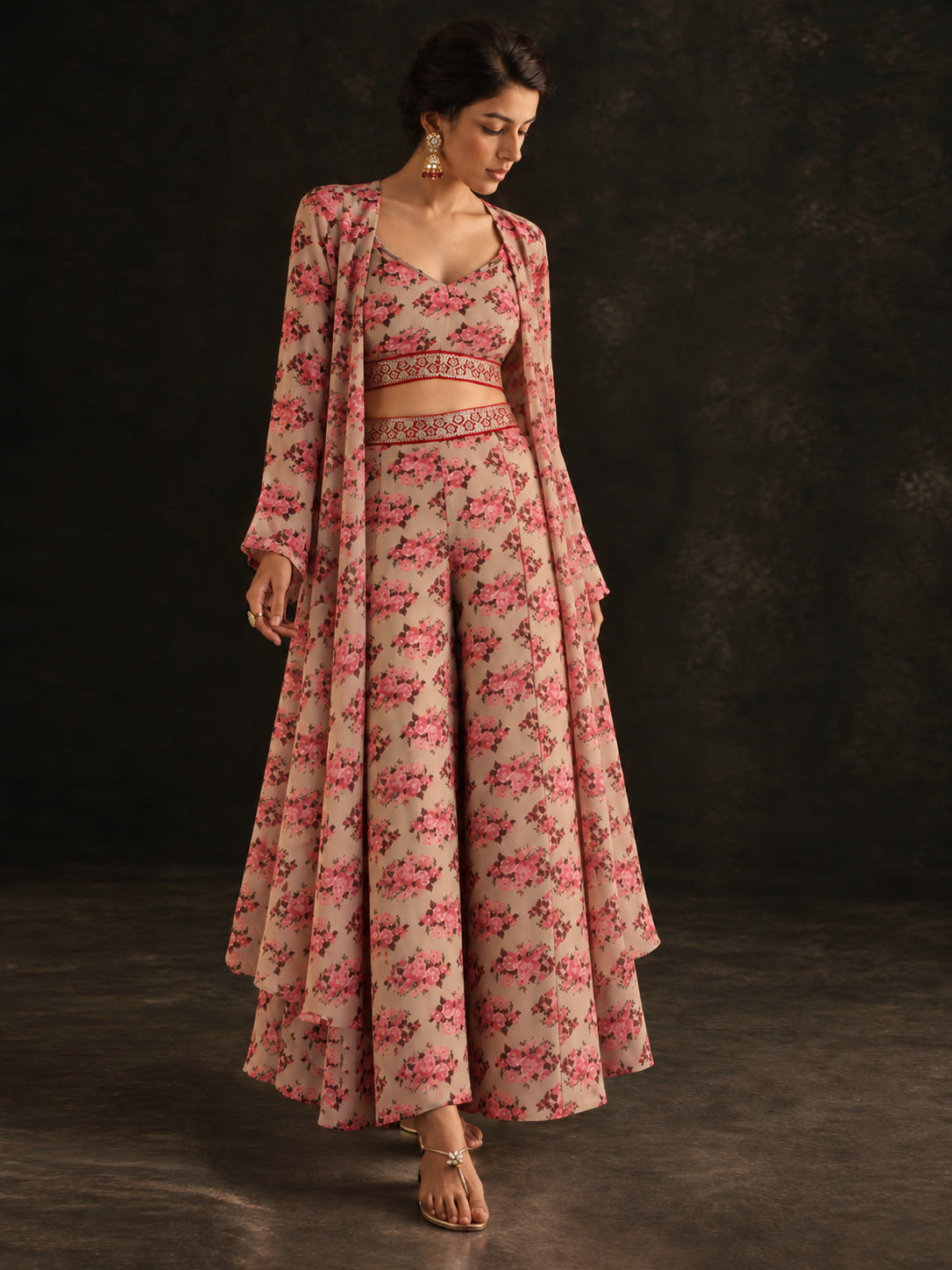 Women Beige Floral Crop Top With Pants & Shrug