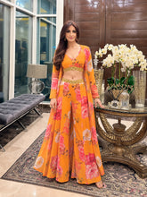 Women Yellow Floral Crop Top With Pants & Shrug