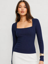 Women Navy Blue Rib Square Neck Full Sleeves Top