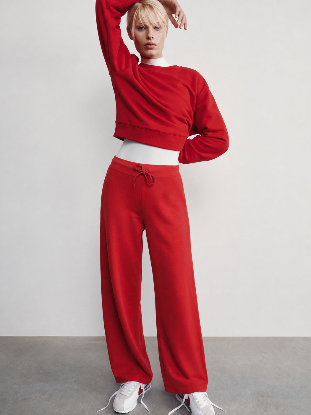 Women Red Terry Wide Leg Drawstring Pants