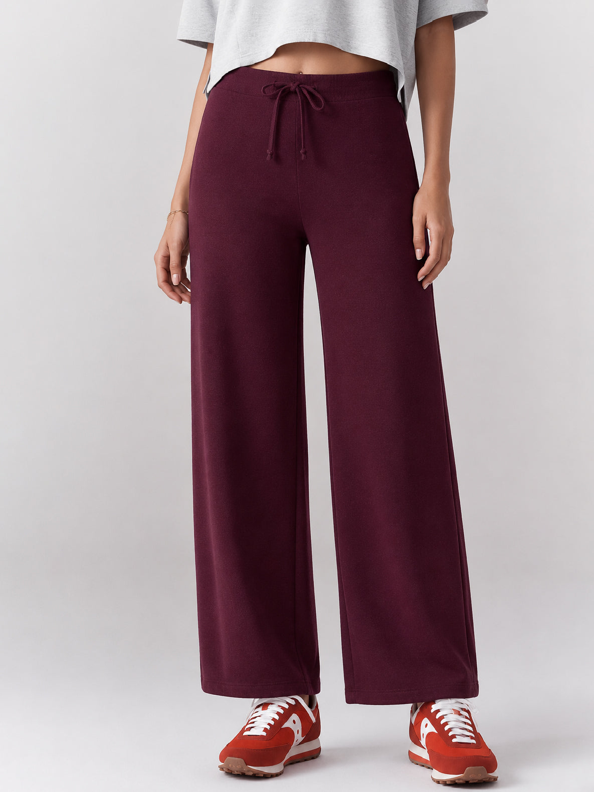 Women Burgundy Terry Wide Leg Drawstring Pants