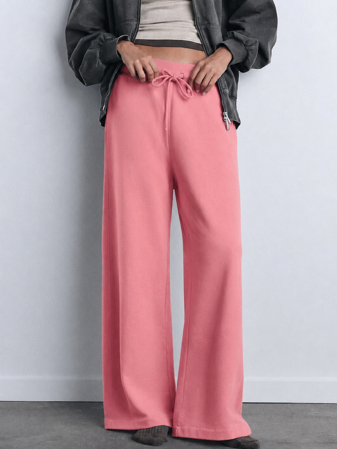 Women Pink Terry Wide Leg Drawstring Pants
