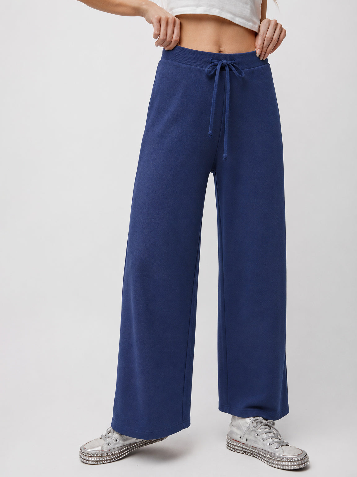 Women Navy Blue Terry Wide Leg Drawstring Pants