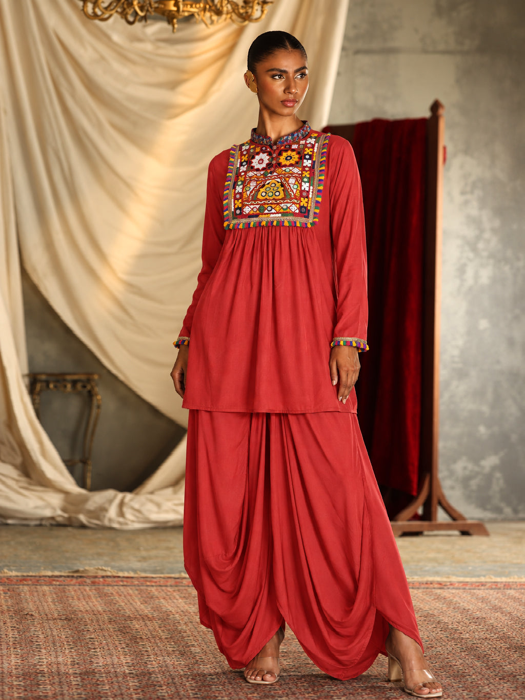 Women Red Embroidered Peplum Top With Dhoti Skirt