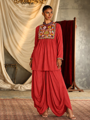Women Red Embroidered Peplum Top With Dhoti Skirt