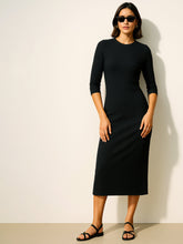 Black Rib Mock Round Neck Midi Dress-SASSAFRAS