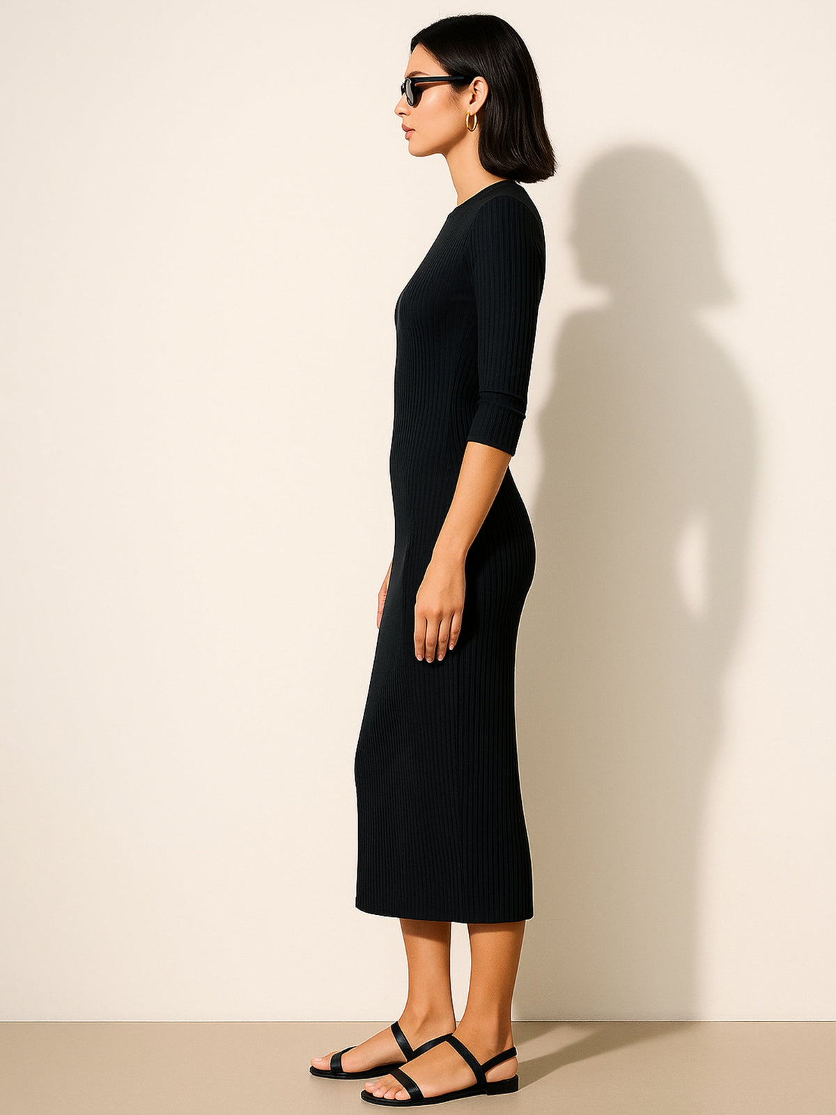 Black Rib Mock Round Neck Midi Dress-SASSAFRAS