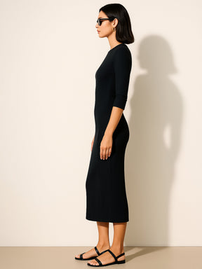 Black Rib Mock Round Neck Midi Dress-SASSAFRAS
