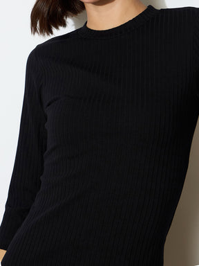 Black Rib Mock Round Neck Midi Dress-SASSAFRAS