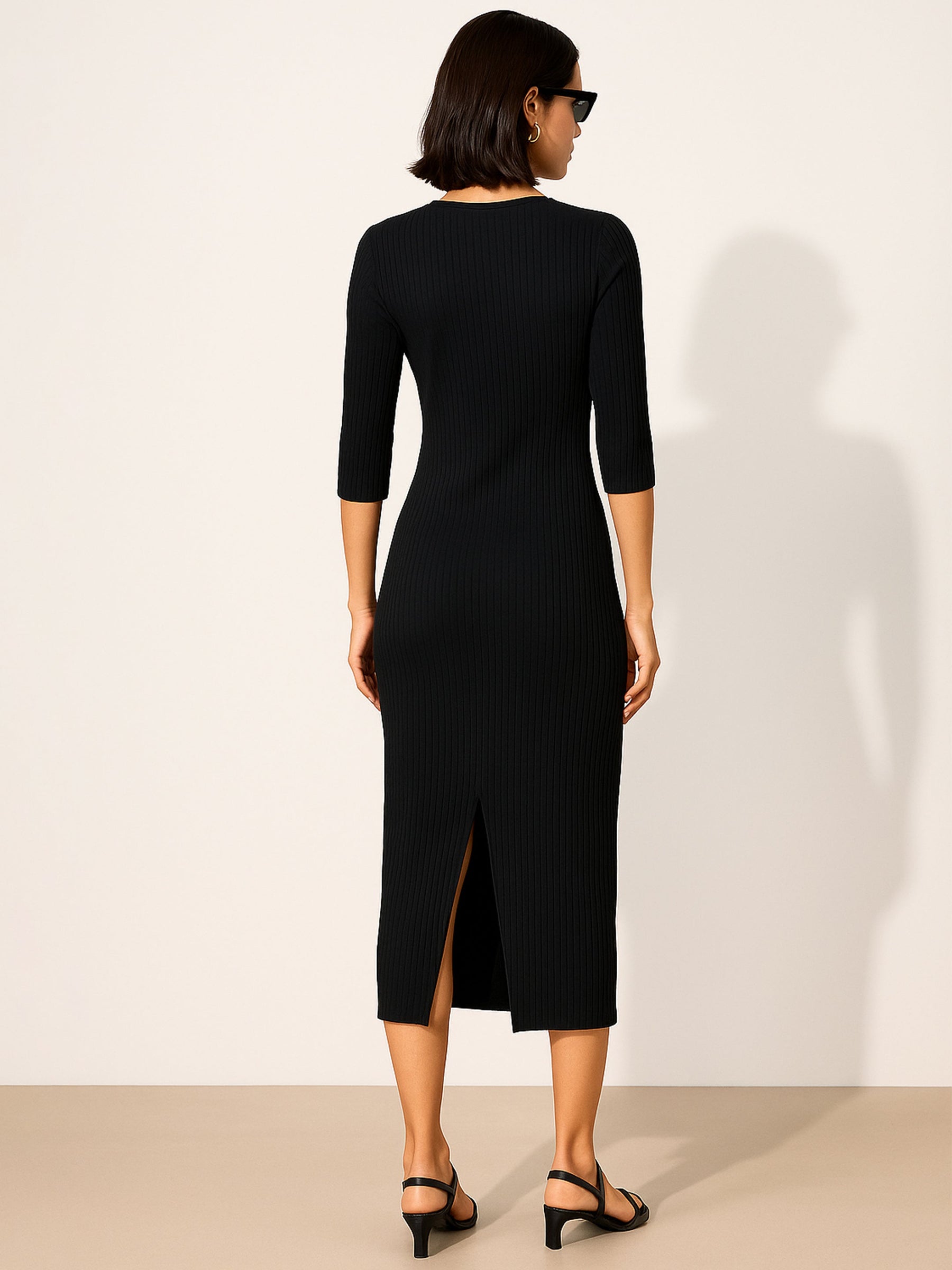 Black Rib Mock Round Neck Midi Dress-SASSAFRAS