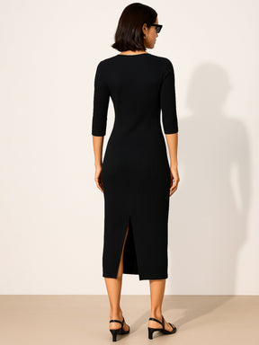 Black Rib Mock Round Neck Midi Dress-SASSAFRAS