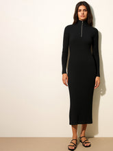 Black Rib High Neck Front Half Zipper Dress-SASSAFRAS