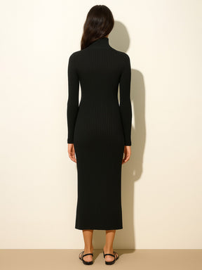 Black Rib High Neck Front Half Zipper Dress-SASSAFRAS