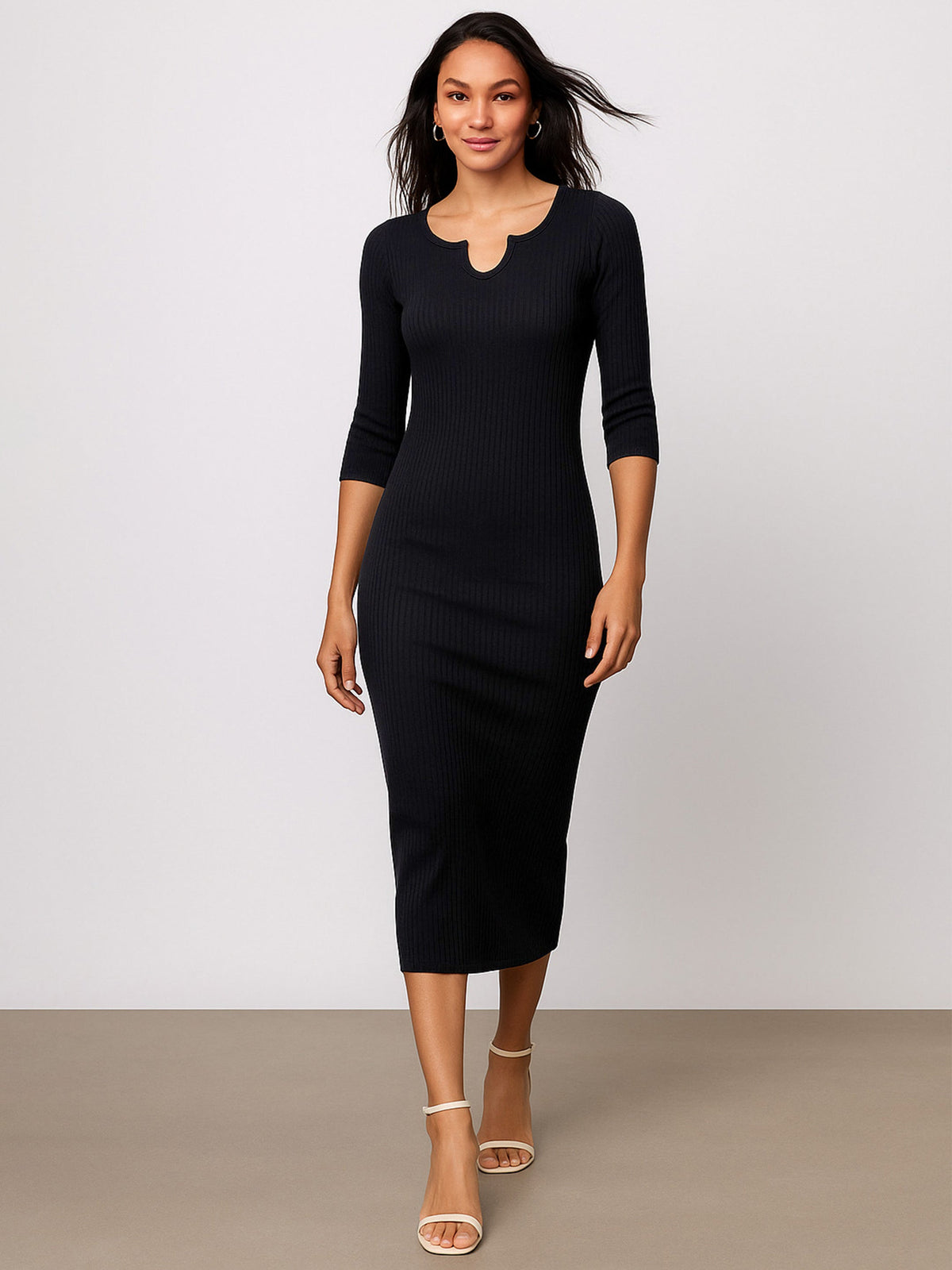 Black Rib Basic V-Neck Midi Dress-SASSAFRAS