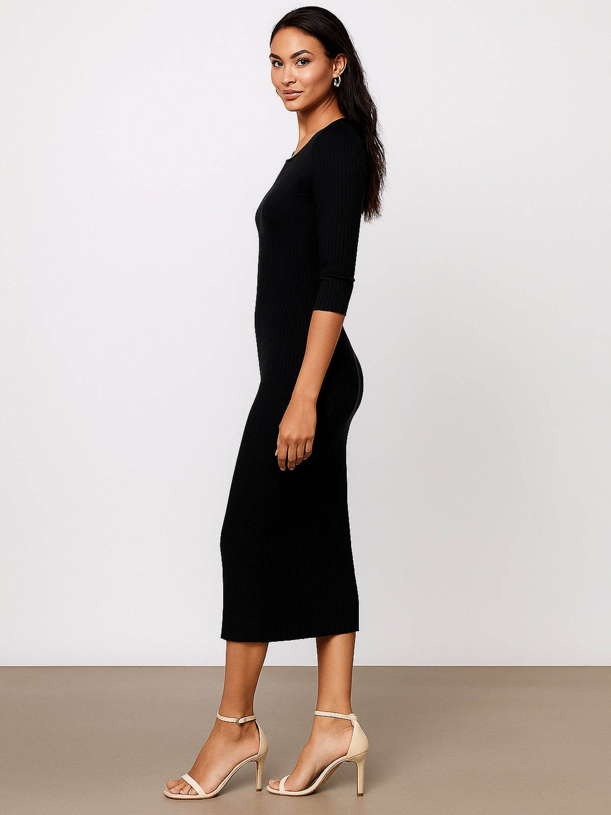 Black Rib Basic V-Neck Midi Dress-SASSAFRAS