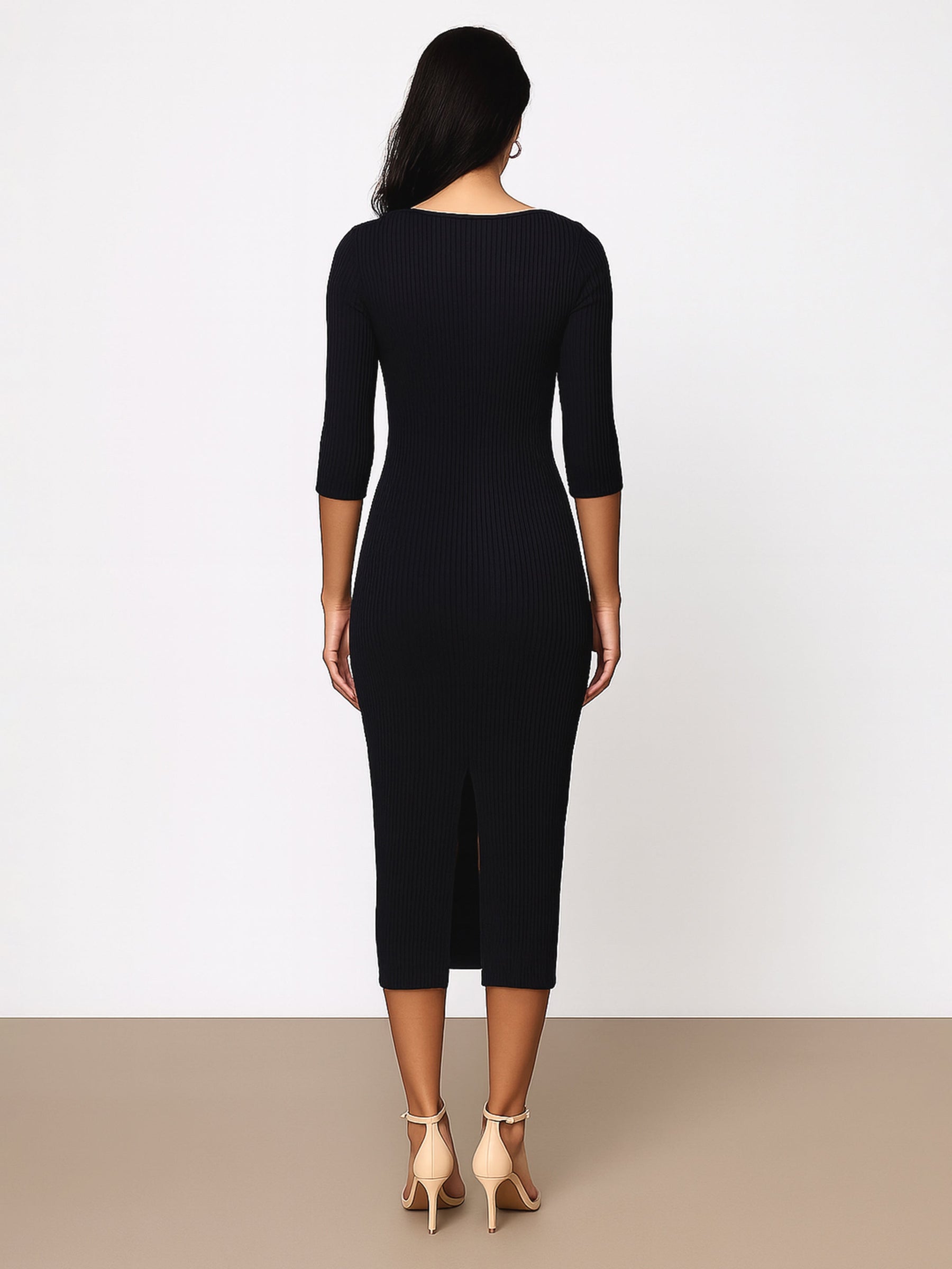 Black Rib Basic V-Neck Midi Dress-SASSAFRAS