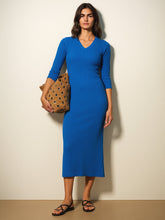 Royal Blue Rib Basic V-Neck Midi Dress-SASSAFRAS