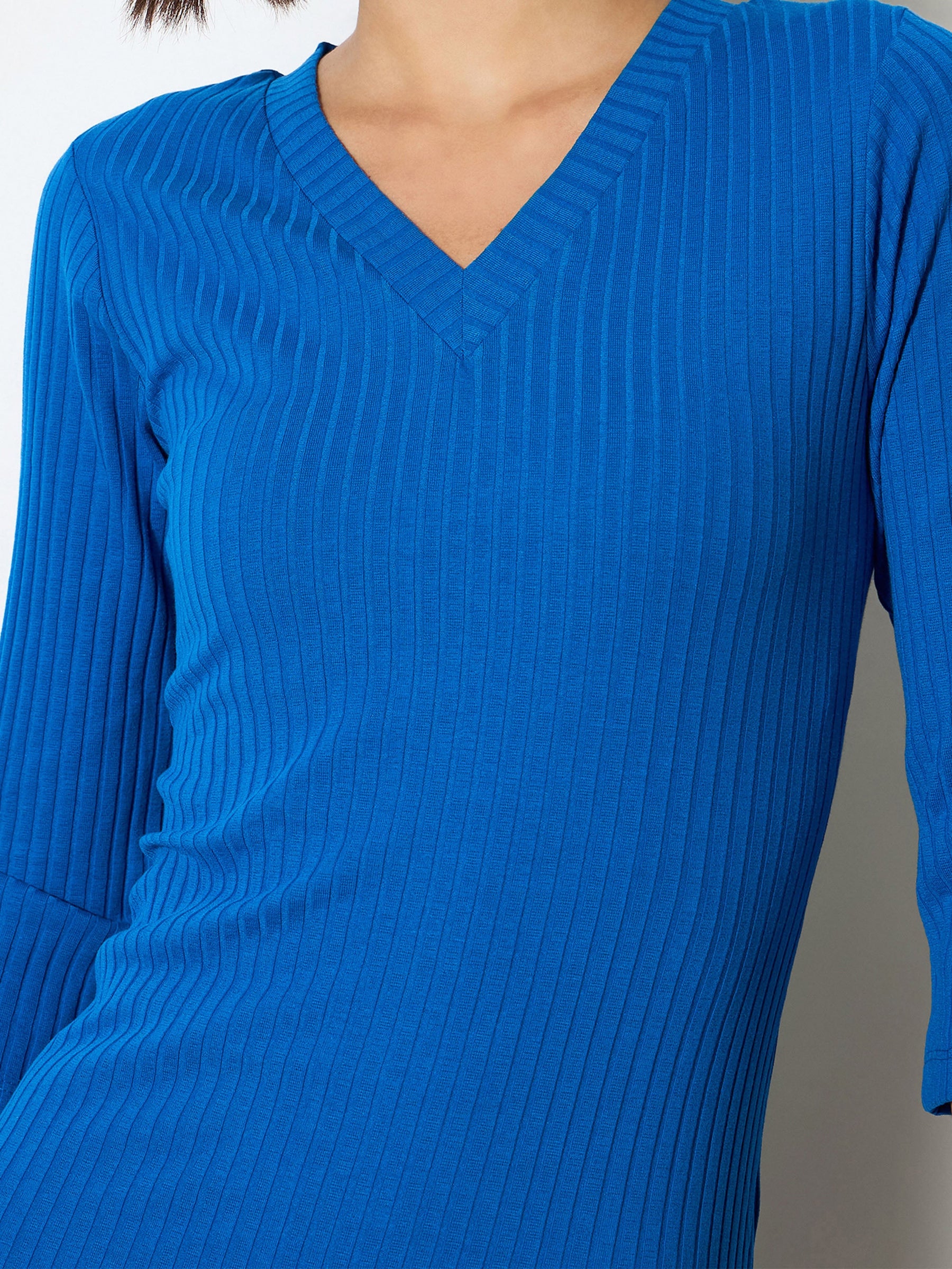 Royal Blue Rib Basic V-Neck Midi Dress-SASSAFRAS