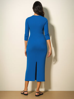 Royal Blue Rib Basic V-Neck Midi Dress-SASSAFRAS