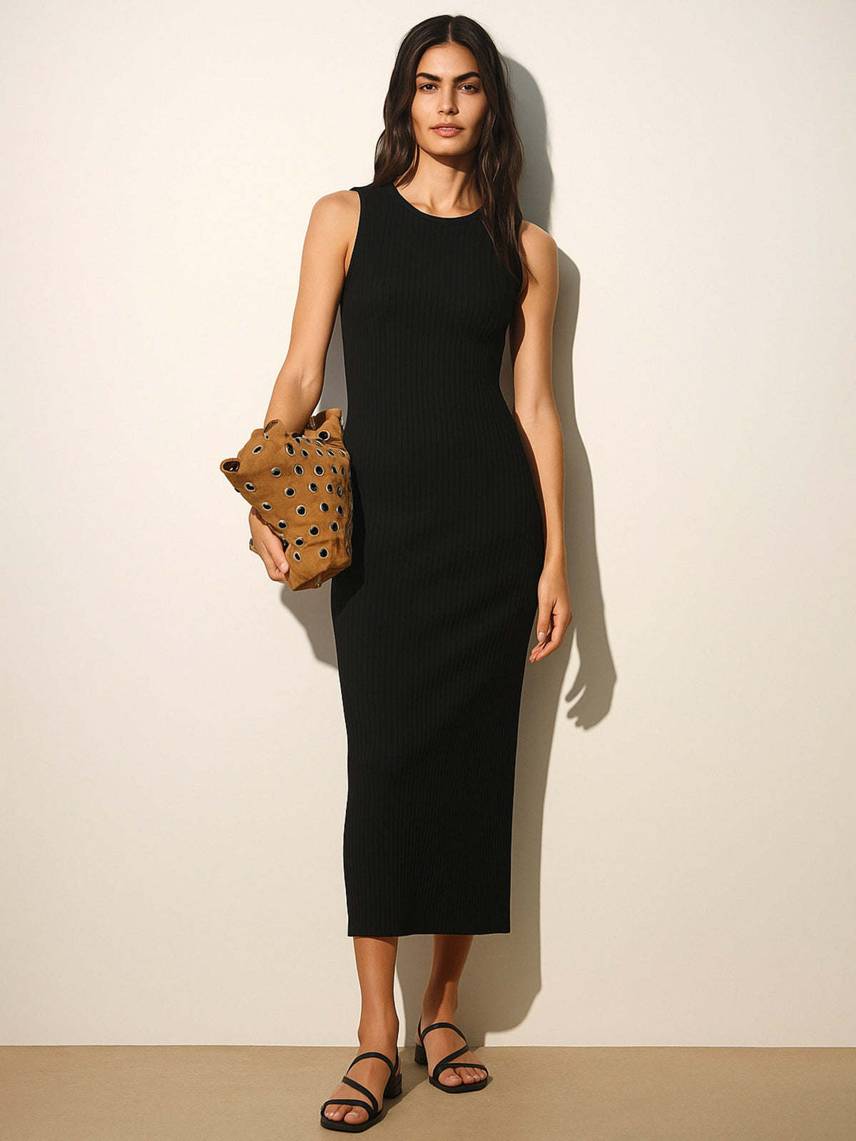 Black Rib Back Cut-Out Midi Dress-SASSAFRAS