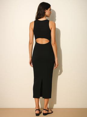 Black Rib Back Cut-Out Midi Dress-SASSAFRAS