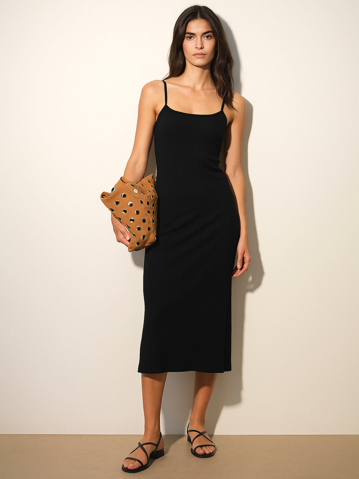 Black Rib Strappy Slip-on Dress-SASSAFRAS